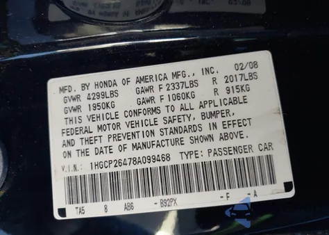 2008 Honda Accord Lxp from USA, damaged, VIN 1HGCT26478A099468